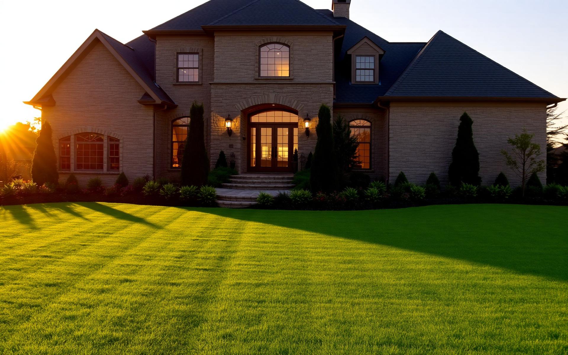 Manicured lawn in front of an elegant stone home